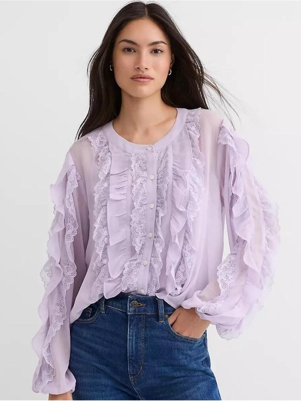 LOFT Lilac Ruffle Lace Button-Front Blouse
